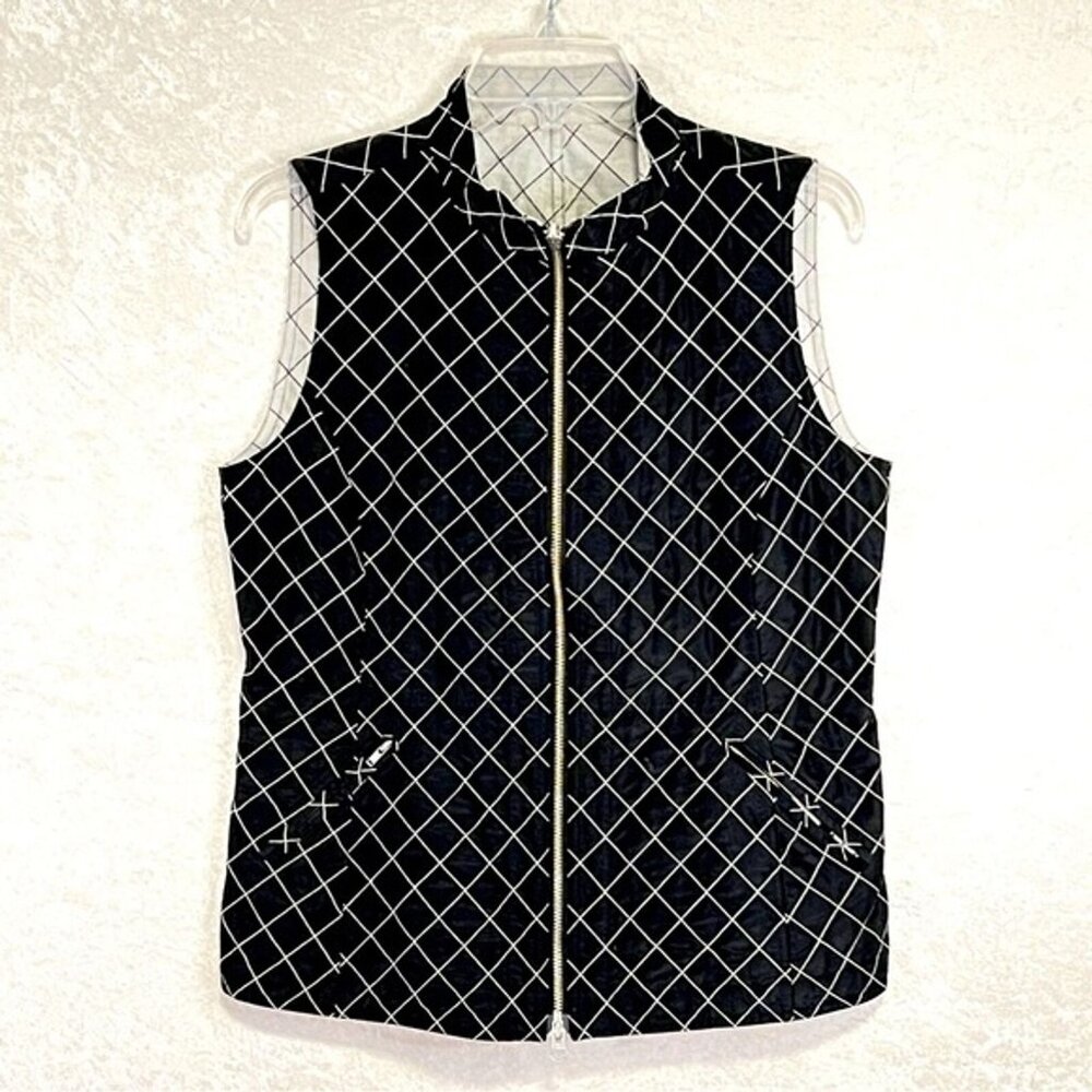 AUDREY Vest Cotton Silk Reversible Womens M Quilted Black Silver Full Zip